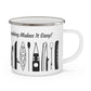 Black Kayak Enamel Coffee Mug - "Mornings are rough, but kayaking makes it easy" in italic black font
